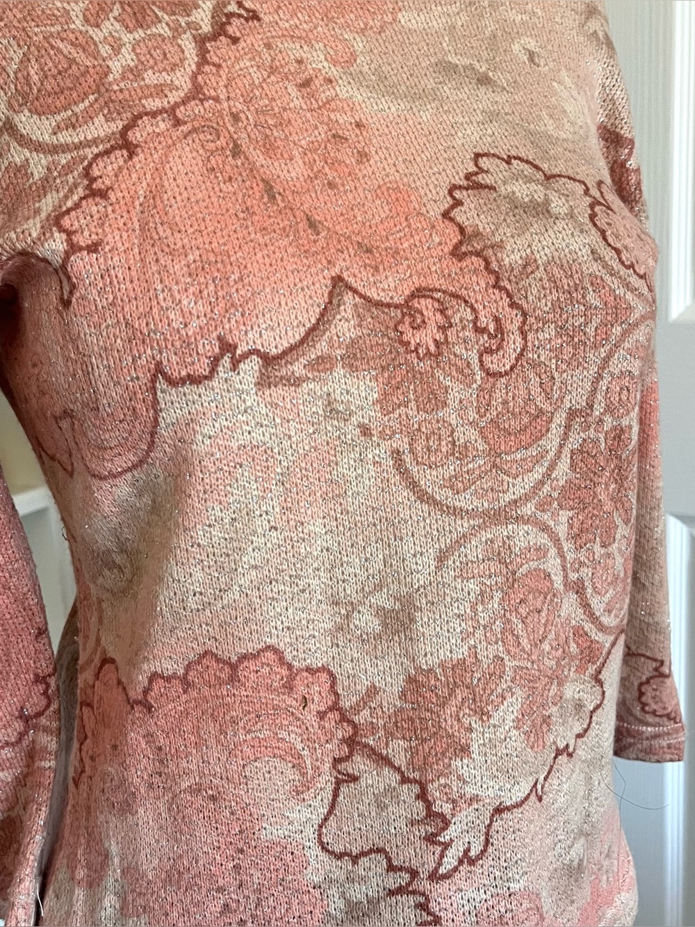 90s DB Sport Peach and beige paisley wide boatneck top with quarter sleeves. - Picture 2 of 5